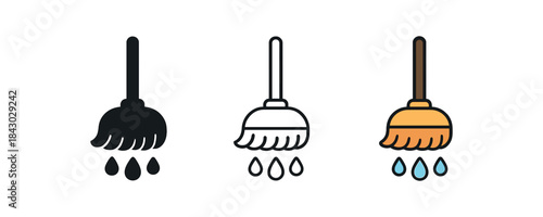 home cleaning icons one flat solid monochrome one thin black outline black and white one full color flat icon mop head with droplets