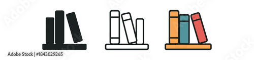reading icons one flat solid monochrome one thin black outline black and white one full color flat icon bookshelf with few books