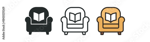 reading icons one flat solid monochrome one thin black outline black and white one full color flat icon cozy armchair and book