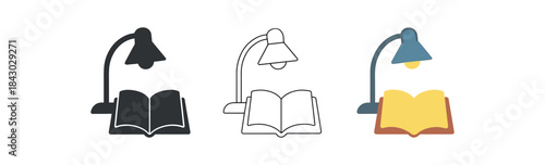 reading icons one flat solid monochrome one thin black outline black and white one full color flat icon reading lamp over book