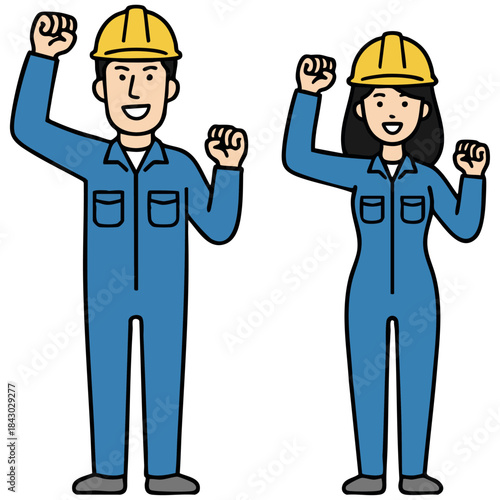 青い作業服とヘルメット姿の男女がガッツポーズで立つイラスト。なめらかな線とにこやかな表情が、希望や成長、チームワークの力を感じさせ、働く現場の前向きな雰囲気を伝えます。