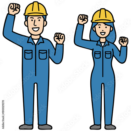 青い作業服とヘルメット姿の男女がガッツポーズで立つイラスト。なめらかな線とにこやかな表情が、希望や成長、チームワークの力を感じさせ、働く現場の前向きな雰囲気を伝えます。