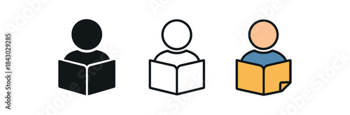reading icons one flat solid monochrome one thin black outline black and white one full color flat icon book page corner folded