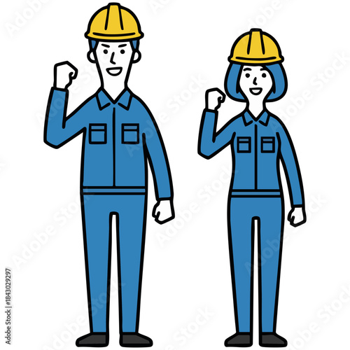 青い作業服とヘルメット姿の男女がガッツポーズで立つイラスト。なめらかな線とにこやかな表情が、希望や成長、チームワークの力を感じさせ、働く現場の前向きな雰囲気を伝えます。