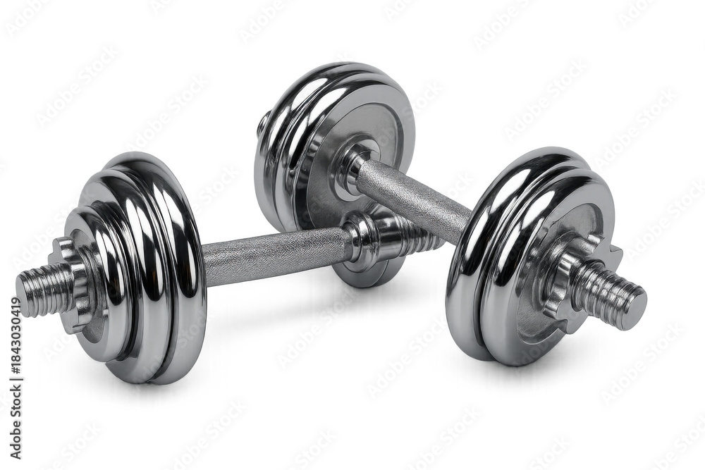 Naklejka premium Pair of chrome plated dumbbells for strength training and fitness workout, gym exercise equipment isolated