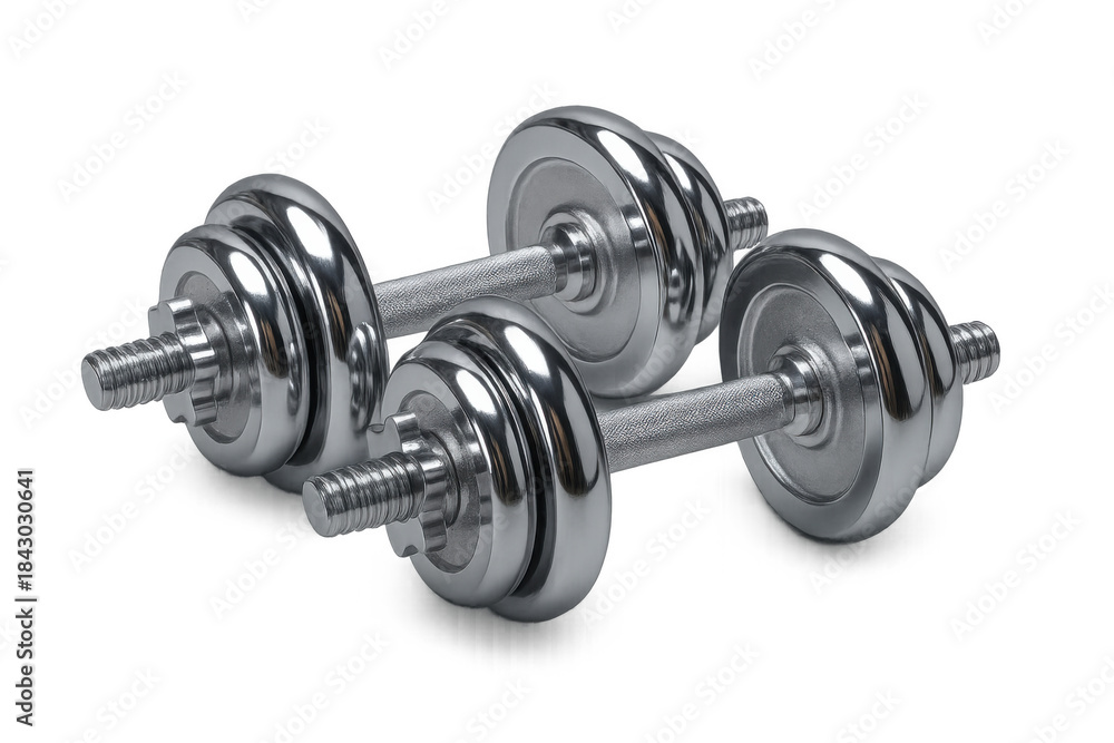 Fototapeta premium Two chrome dumbbells representing fitness, strength, and weightlifting for gym workouts and bodybuilding