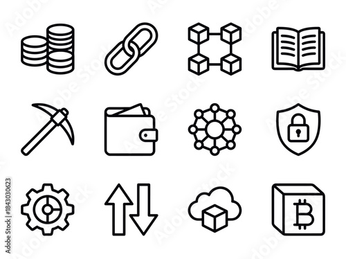 Collection of Cryptocurrency and Blockchain Technology Icons.