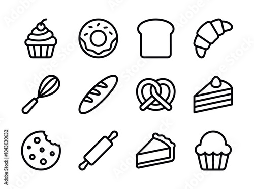 Collection of Delicious Bakery Icons and Food Illustrations.