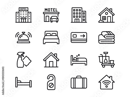 Collection of Hotel and Motel Icons for Accommodation Services.