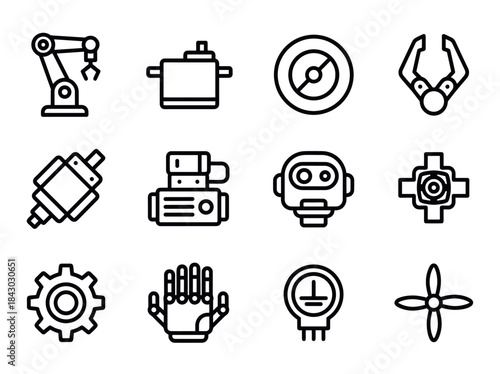 Collection of industrial robot and technology icons.