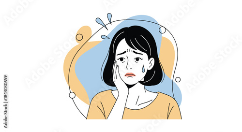 Illustration of a worried woman with a sad expression crying and touching her cheek under abstract blue and yellow shapes conveying worry and emotional strain.