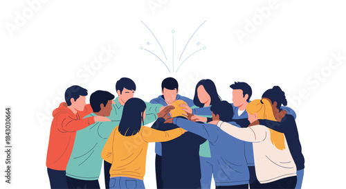 Diverse group of people form a tight circle with linked arms showing unity and teamwork during a collaborative moment of collective focus and celebration.