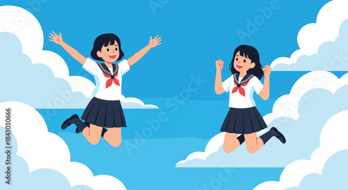 Two cheerful schoolgirls in sailor uniforms leap through a bright blue sky surrounded by fluffy clouds sharing a moment of joy and friendship high above.