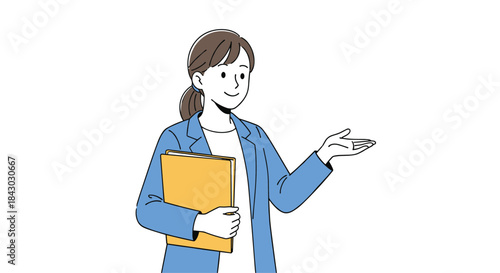 Professional businesswoman in a blue blazer presents and gestures while holding a folder and notes as she explains key concepts to an attentive audience.