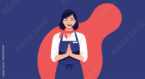 Bright and cheerful cafe attendant greets customers with hands pressed together in a warm welcoming pose against a blue background with coral abstract shapes.