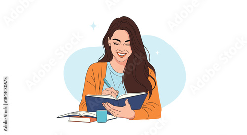 Young woman reads a book with a warm orange cardigan and a content smile while focusing on the pages in a bright calm setting.