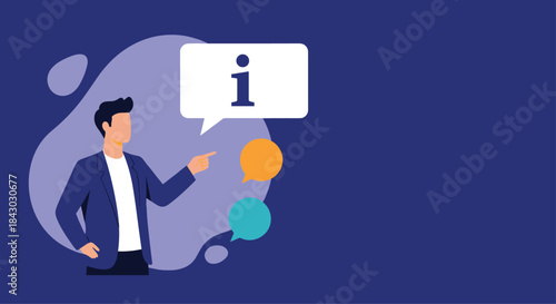Businessman explains information icon using a pointing gesture and speech bubble to convey helpful guidance and clear user support in a modern digital setting.