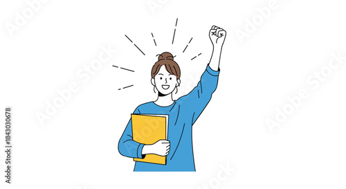 Young student celebrates study success with a raised fist while holding a notebook and looking forward with confidence and motivation.