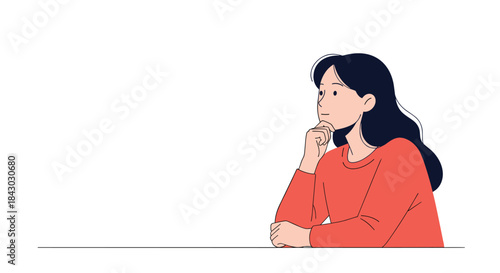 Thoughtful woman rests her chin on her hand while seated at a table wearing a red sweater and ponders an important decision about a project.