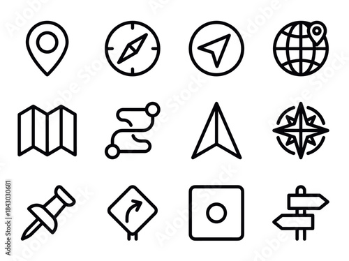 Collection of navigation and location icons for maps and travel.