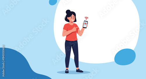 Woman stands outdoors using a smartphone with wireless connection indicators and a calm expression as she explores digital tools.