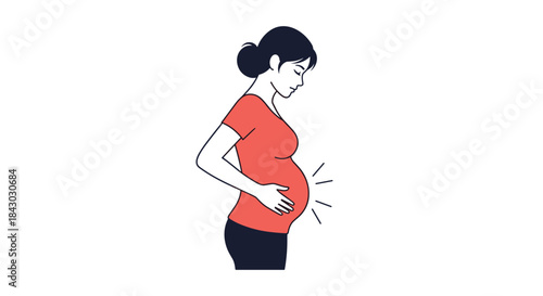 Pregnant woman standing in profile gently cradling her baby bump while smiling softly and feeling the first kicks during pregnancy anticipation and care.