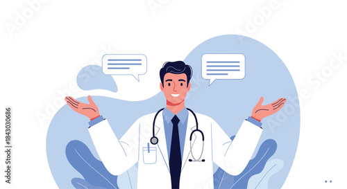 Confident doctor in a white coat explains health tips with friendly dialogue to reassure patients and promote clear medical guidance.