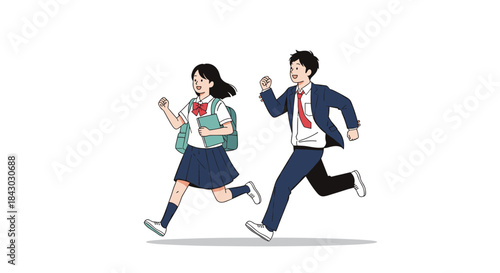 Two students in school uniforms run together with determined expressions and backpacks as they hurry toward class across the campus.