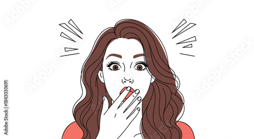 Illustration of a surprised woman covering her mouth with her hand as astonished eyes widen and expressive lines emphasize a dramatic moment.