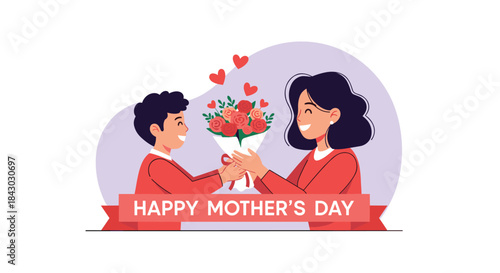 Child presents a bouquet to their smiling mother in a warm Mother's Day scene with hearts and a celebratory banner that conveys warmth and gratitude.