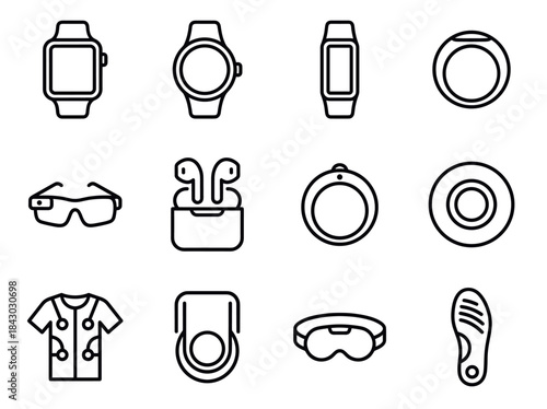 Collection of modern wearable technology and gadgets icons.