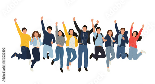 Group of diverse young adults leaping in the air with joyful expressions and raised fists celebrating teamwork and success together.
