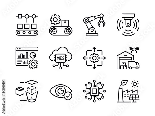 Industrial Automation and Smart Factory Technology Icons.