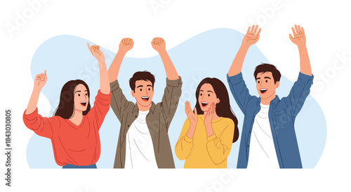 Group of friends celebrate with raised arms and wide smiles as they share a joyful moment together in a bright outdoor scene filled with energy.