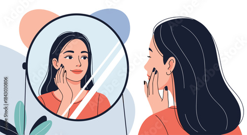 Woman standing in front of a round mirror touching her face and applying skincare while admiring her reflection in a calm room with soft lighting and plants.