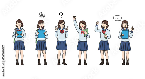 Six illustrations depict a schoolgirl in a blue uniform with a backpack showing reading thinking questioning celebration and speaking gestures in sequence.