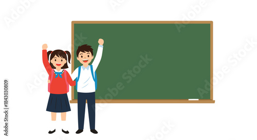 Two cheerful students stand beside a large classroom chalkboard with raised hands celebrating learning and teamwork during a school lesson.
