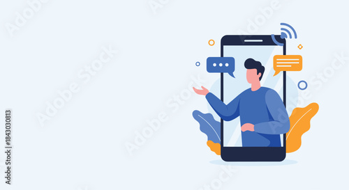 Person emerging from a smartphone screen engaging in online chat and messaging with colorful speech bubbles and decorative elements.