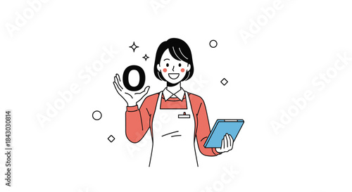 Cheerful store assistant in a red apron greets customers with a friendly wave while holding a notebook and offering helpful service across the shop floor.