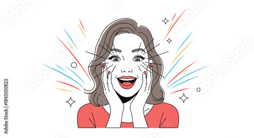 Excited woman with hands on her cheeks smiles broadly as colorful burst lines and sparkles surround her in a joyful celebration moment.