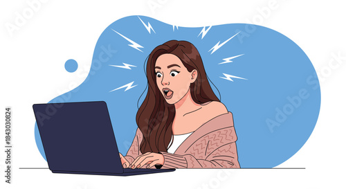 Young woman sits at a laptop and reacts with wide eyes and a surprised expression while browsing online content against a vivid blue abstract background.