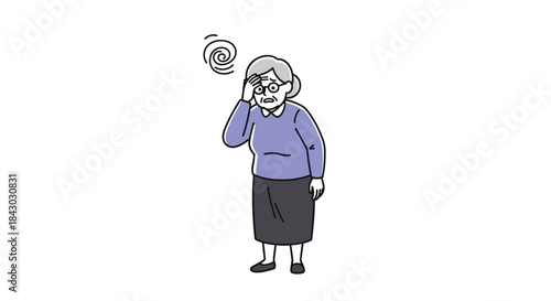 Older woman with gray hair wearing a blue sweater and dark skirt stands holding her head in distress as a dizziness spiral suggests she feels unsteady.
