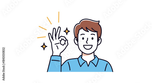 Clear illustration of a cheerful man in a blue shirt showing the ok gesture with a bright sparkle around his raised hand and a friendly smile.