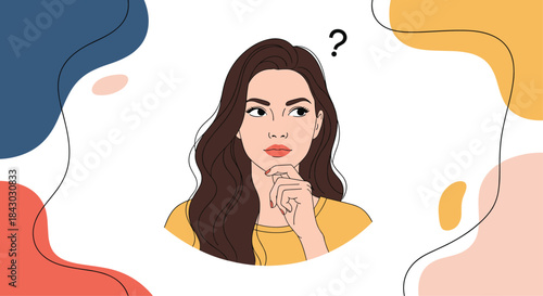 Thoughtful woman with long dark hair studies a question in her eyes as a colorful abstract background surrounds her inviting interpretation and reflection.