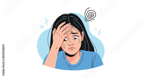 Distressed young woman with dark hair holds her forehead while sweating and looking overwhelmed by anxiety and dizziness.