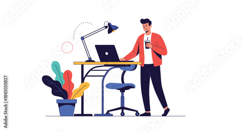 Person stands beside a modern desk working on a laptop while holding a cup in a bright contemporary home office scene with colorful plants nearby.