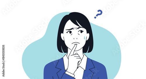 Thoughtful businesswoman contemplating a dilemma with a finger on her chin and a question mark above her head against a soft blue abstract background.