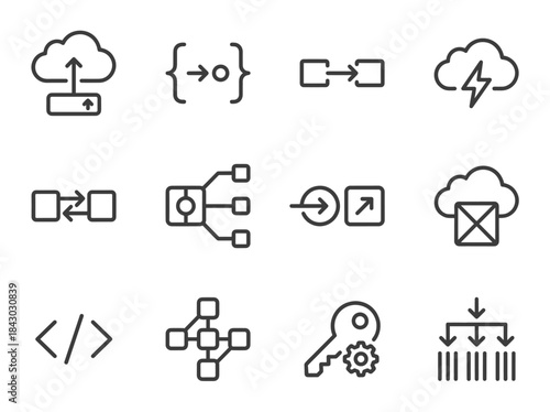 Set of Technology and Data Flow Icons for Digital Systems.
