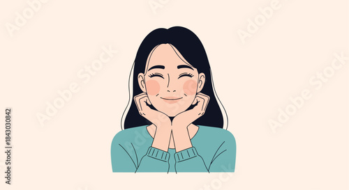 Smiling girl rests her chin in her hands and gazes warmly at the viewer against a soft peach background wearing a teal sweater and expressing gentle happiness.