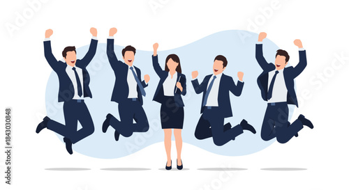 Team of professionals celebrates a win as five colleagues jump with joy around a central female leader in a bright office illustration.